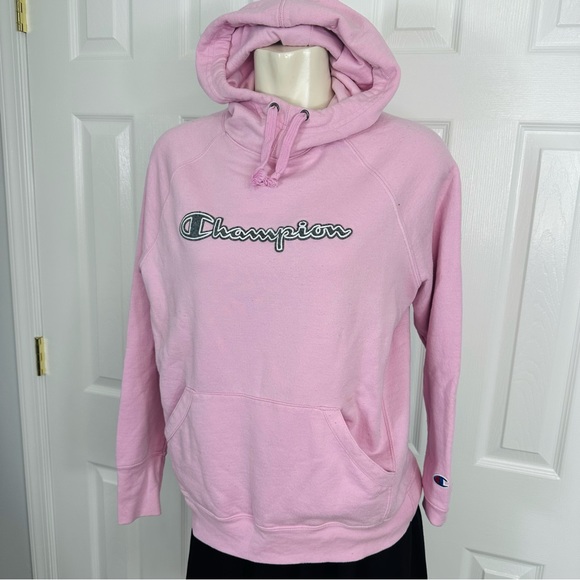 CHAMPION sweatshirt HOODED long sleeves Athletic wear BUBBLE GUM PINK grey M - Picture 3 of 8